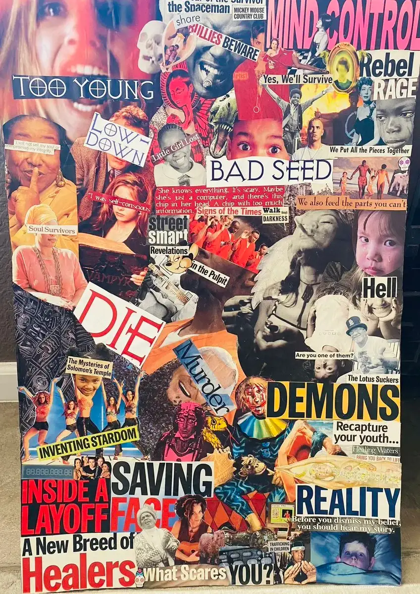 Tall collage of faces and headlines, including “Mind control”, “Bad seed”, “Demons” and “Reality.”