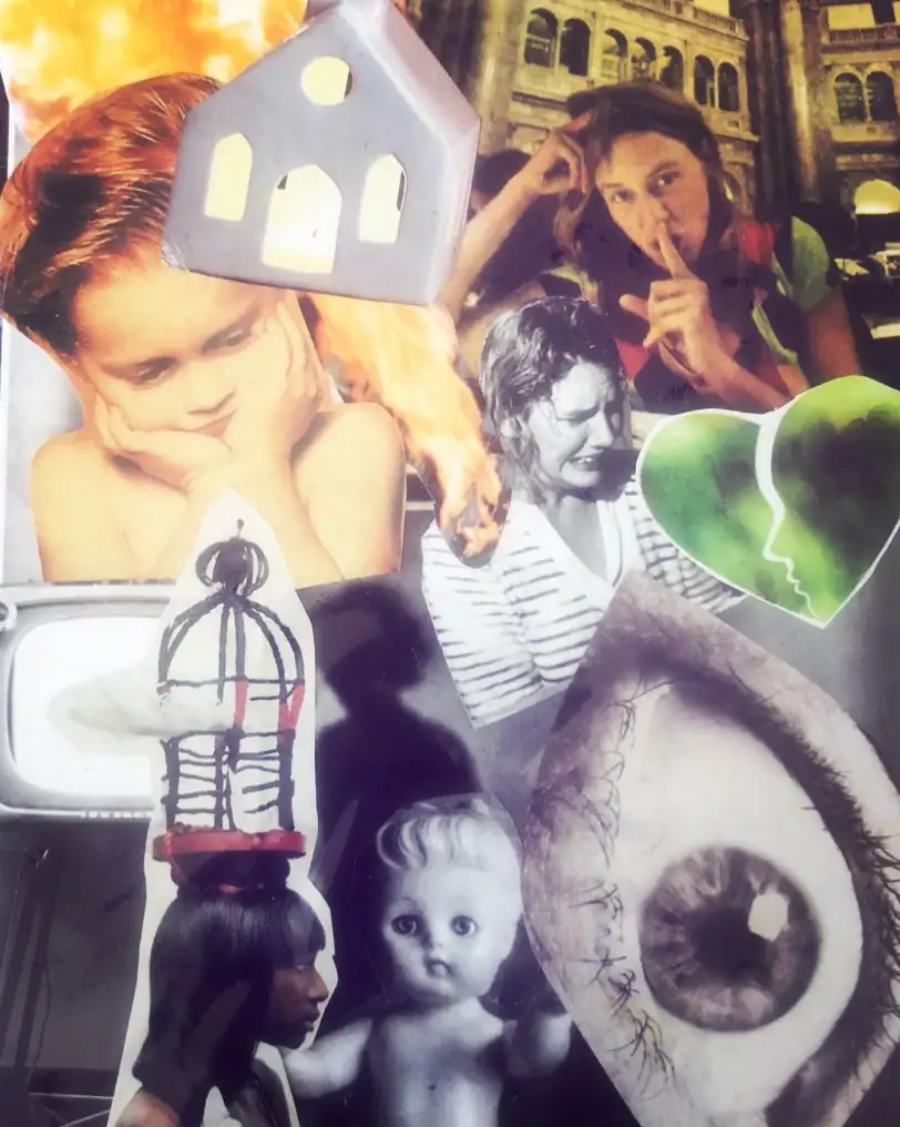 Collage of faces, a small white house, a birdcage, a doll and a large eye.