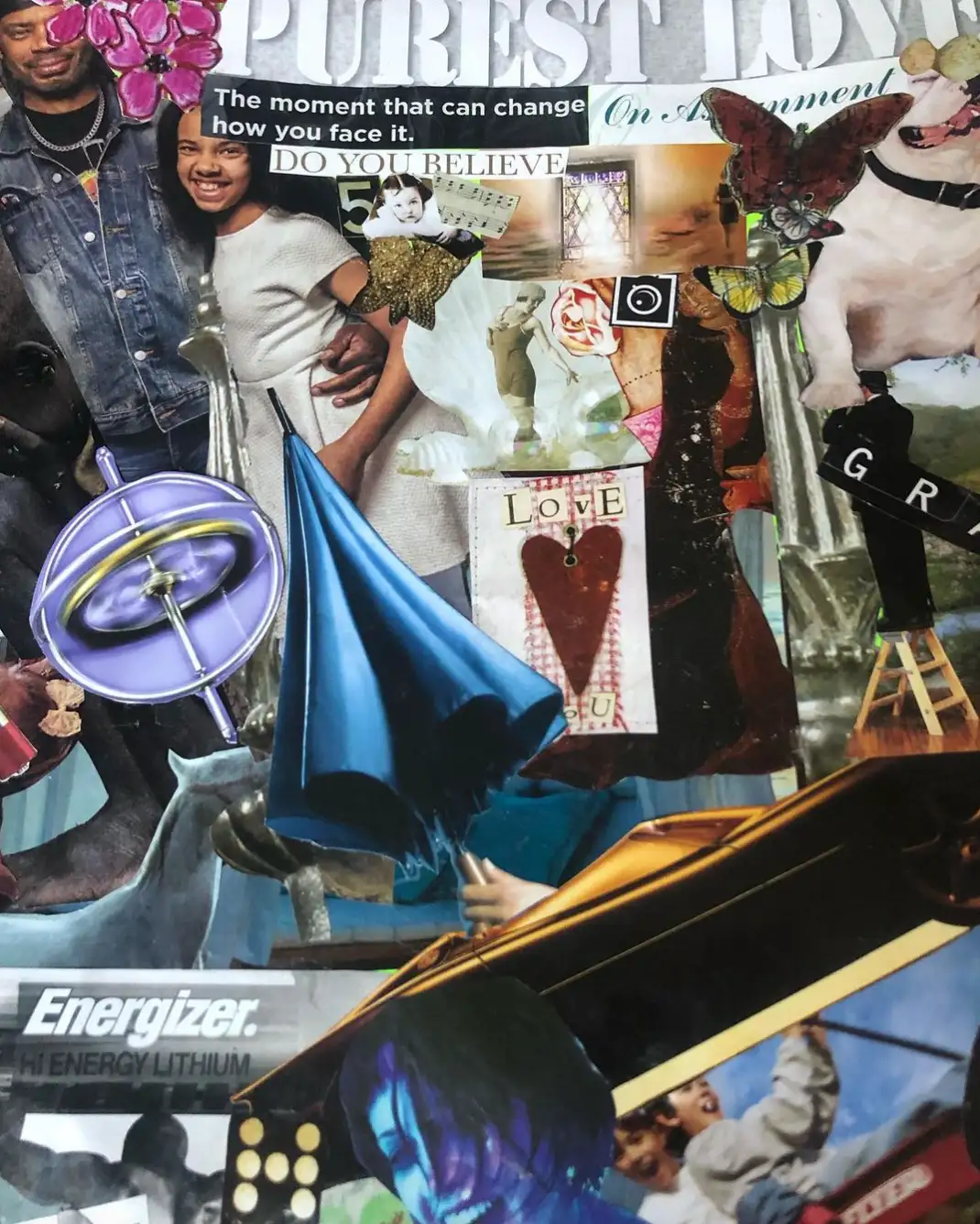 Collage of figures, a heart, an umbrella and an Energizer logo.
