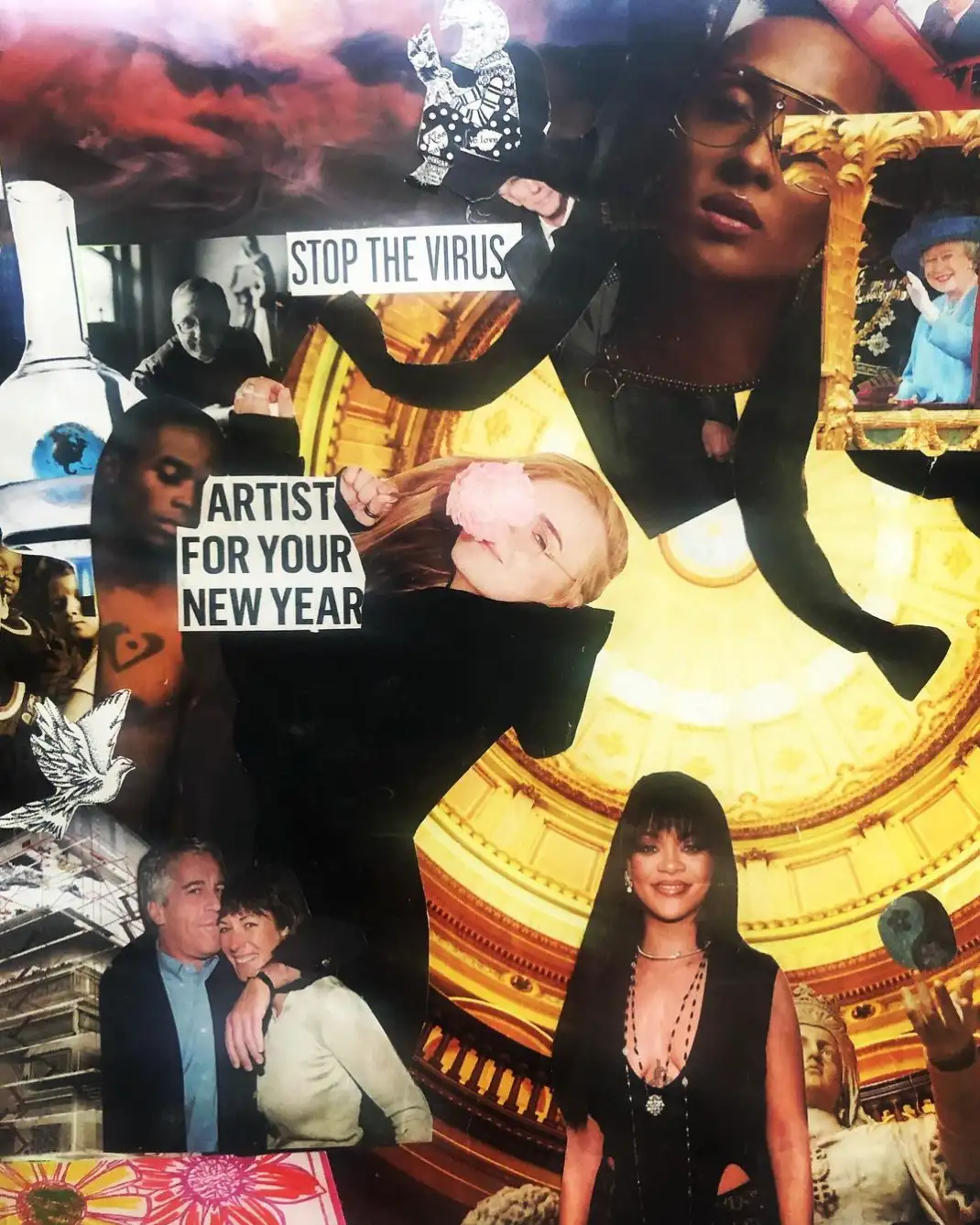 Collage in yellow and black with the phrases “Stop the virus” and “Artists for your new year.”