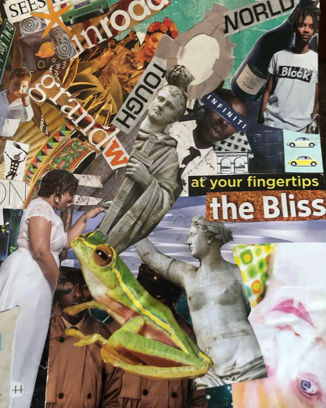Collage with a green frog, a classical statue and the words “the Bliss.”