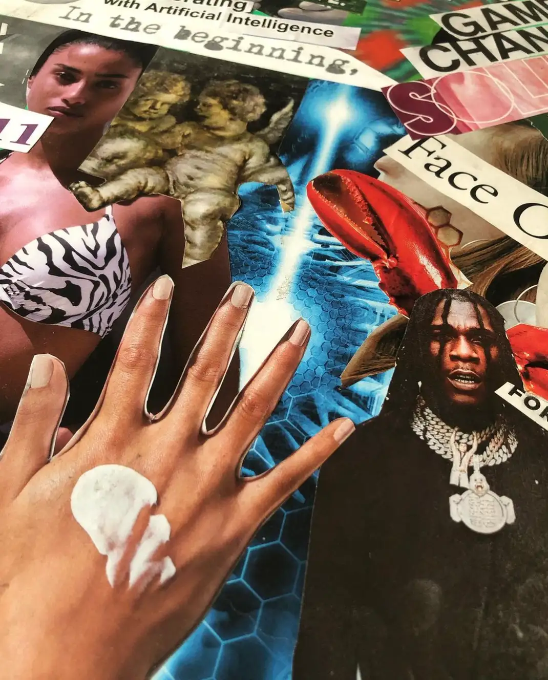 Collage of a hand with a ring, jewelry and the phrases “In the beginning” and “Artificial intelligence.”