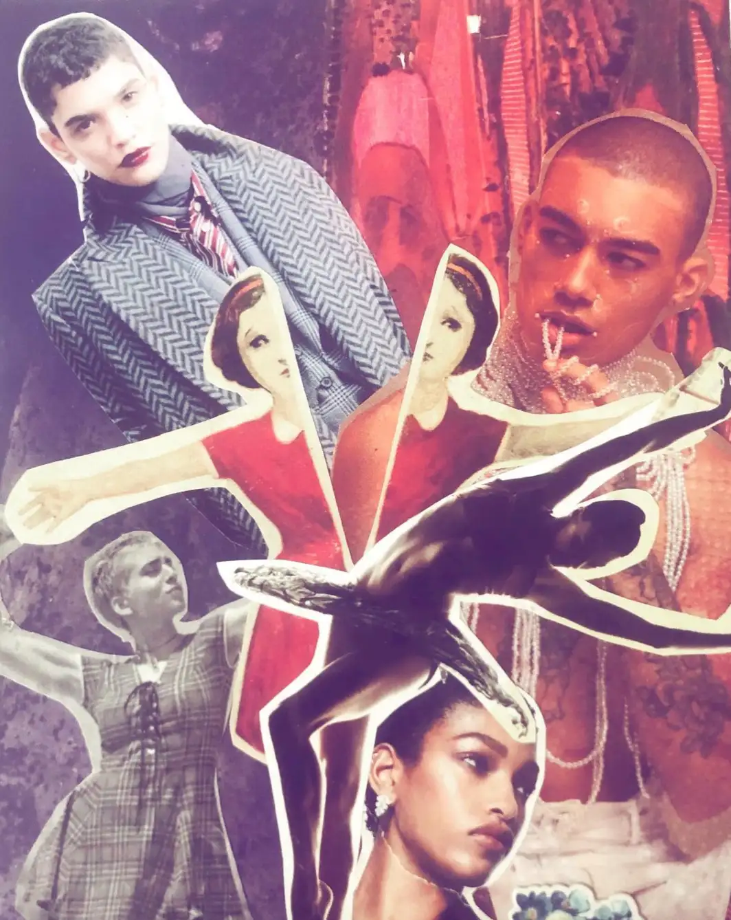 Collage of fashion figures in reds and purples with white cut-out silhouettes.